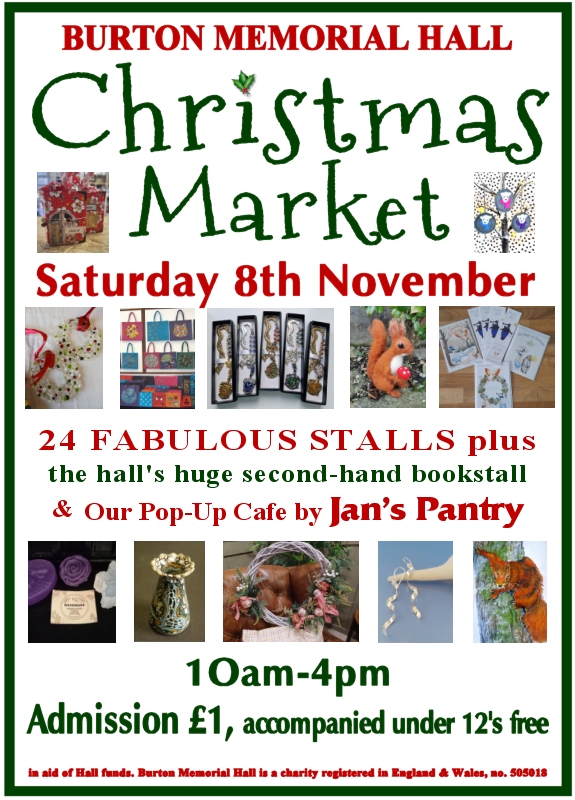 Poster for Annual Christmas Market at Burton Memorial Hall Sat 8th Nov 2025 10am-4pm