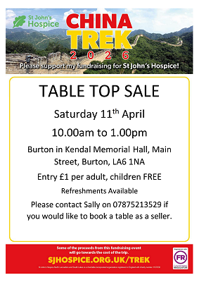 Table Top Sale in aid of St John's Hospice (China Trek Appeal) Sat 11 Apr 2026 at BMH