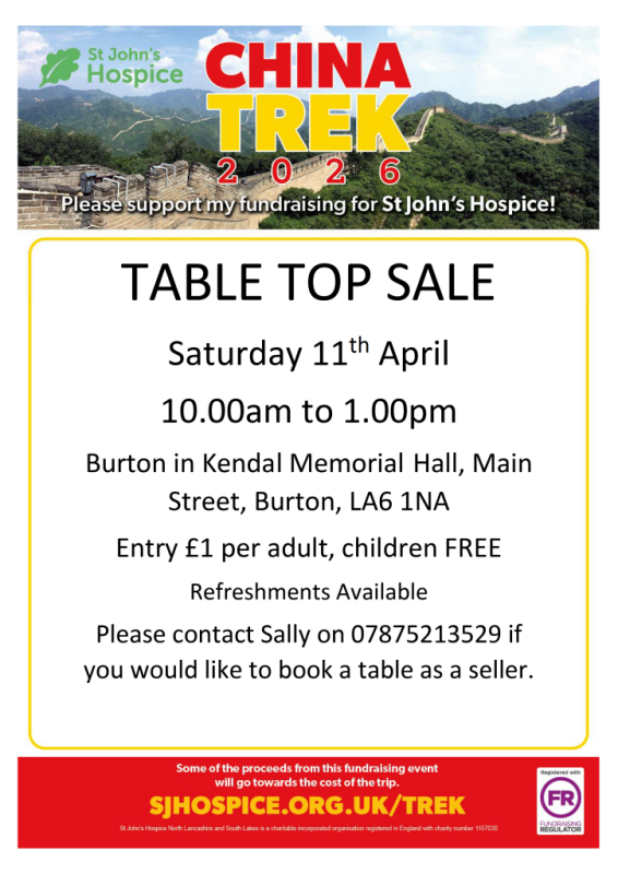 Table Top Sale in aid of St John's Hospice (China Trek Appeal) Sat 11 Apr 2026 at BMH