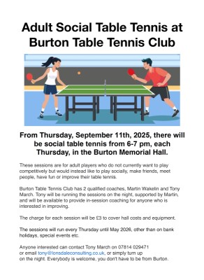 Adult Social Table Tennis Sep 2025 - May 2026 at Burton Memorial Hall