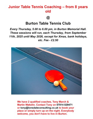 Junior Table Tennis Coaching restarts in September at Burton Memorial Hall